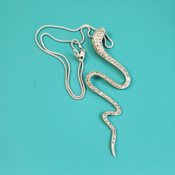 Sterling Silver 925 Snake / Serpent Marcasite Pendant Necklace - Picture 3 of 10